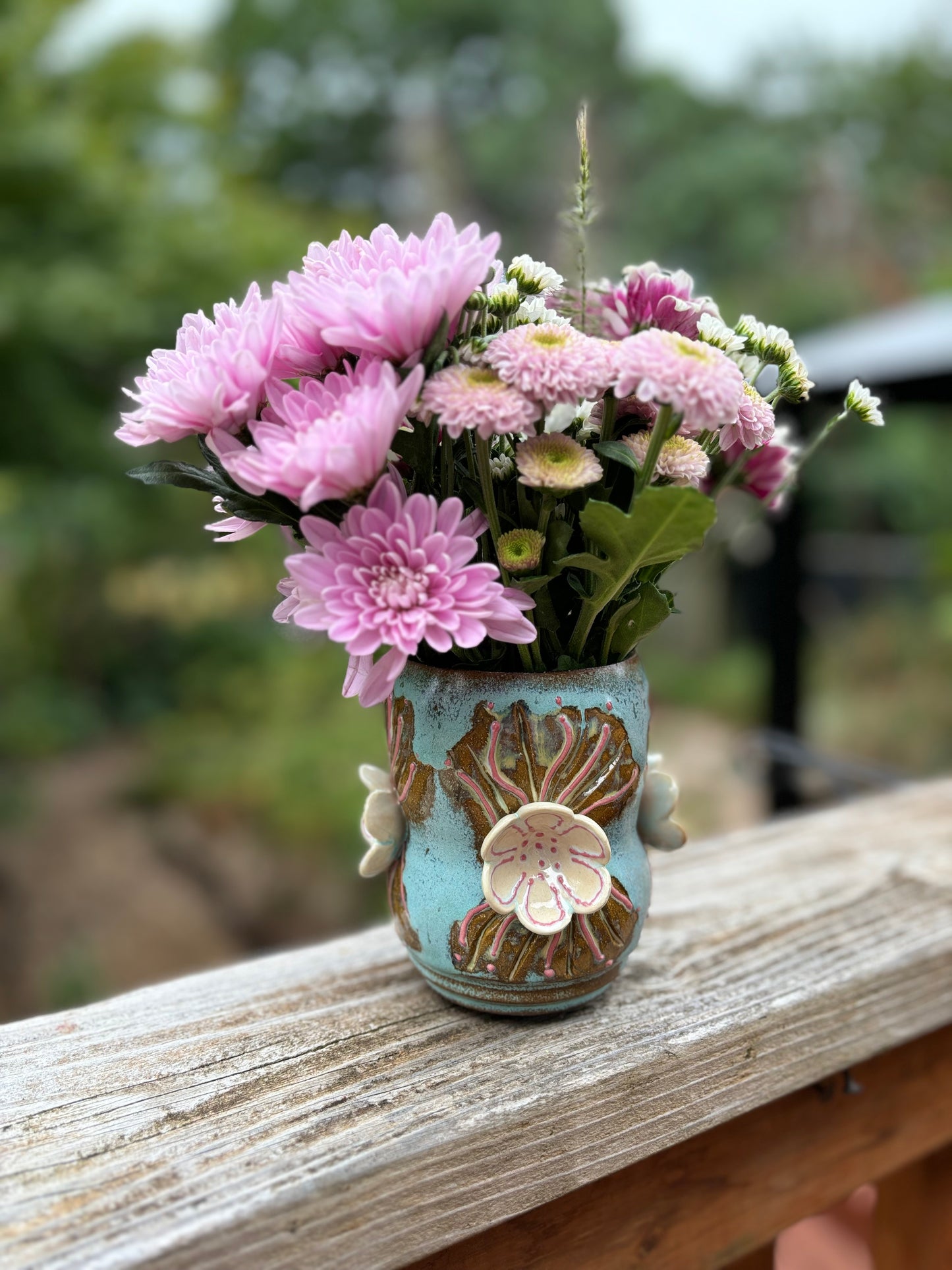 Blue Soft Slipped and Pressed Flowers Vase / Utensil Cup