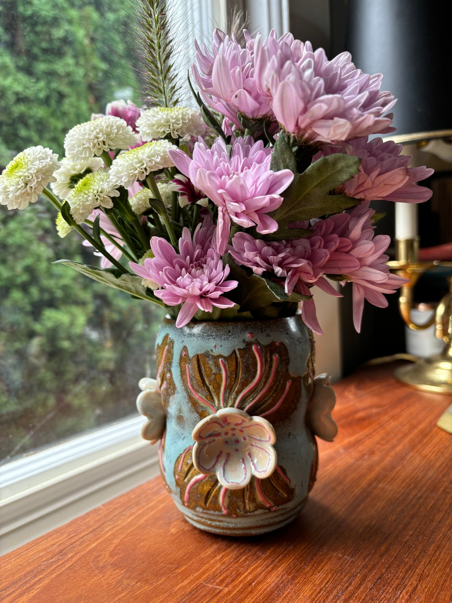 Blue Soft Slipped and Pressed Flowers Vase / Utensil Cup