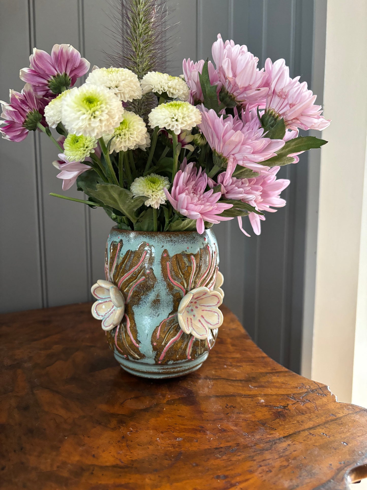 Blue Soft Slipped and Pressed Flowers Vase / Utensil Cup