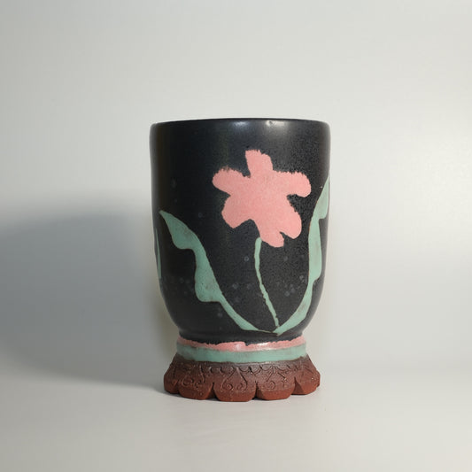 8 oz Pink and Black Floral Pedestal Goblet Cup