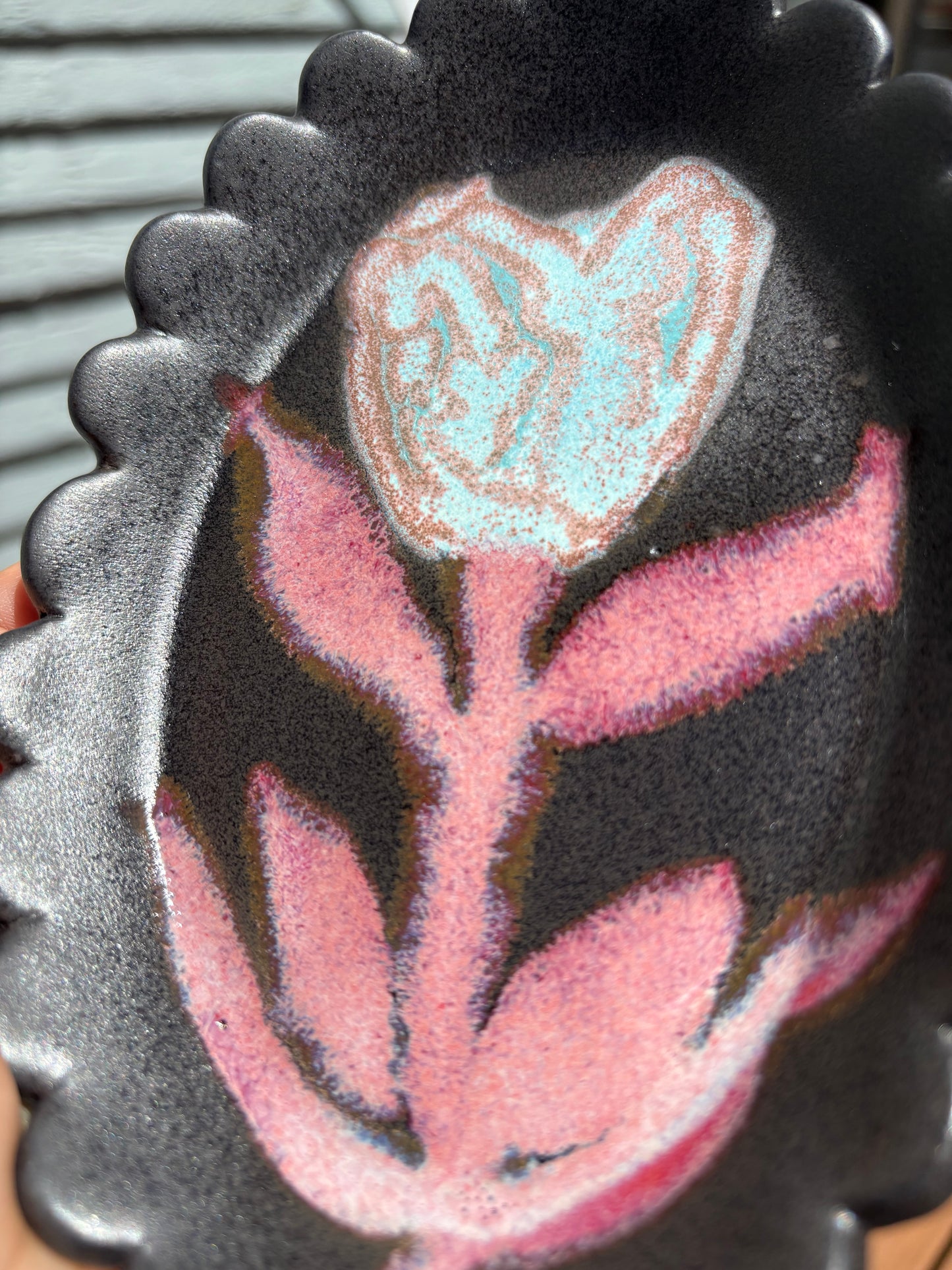 Blue and Pink Flower on Black Satin Scallop Plate