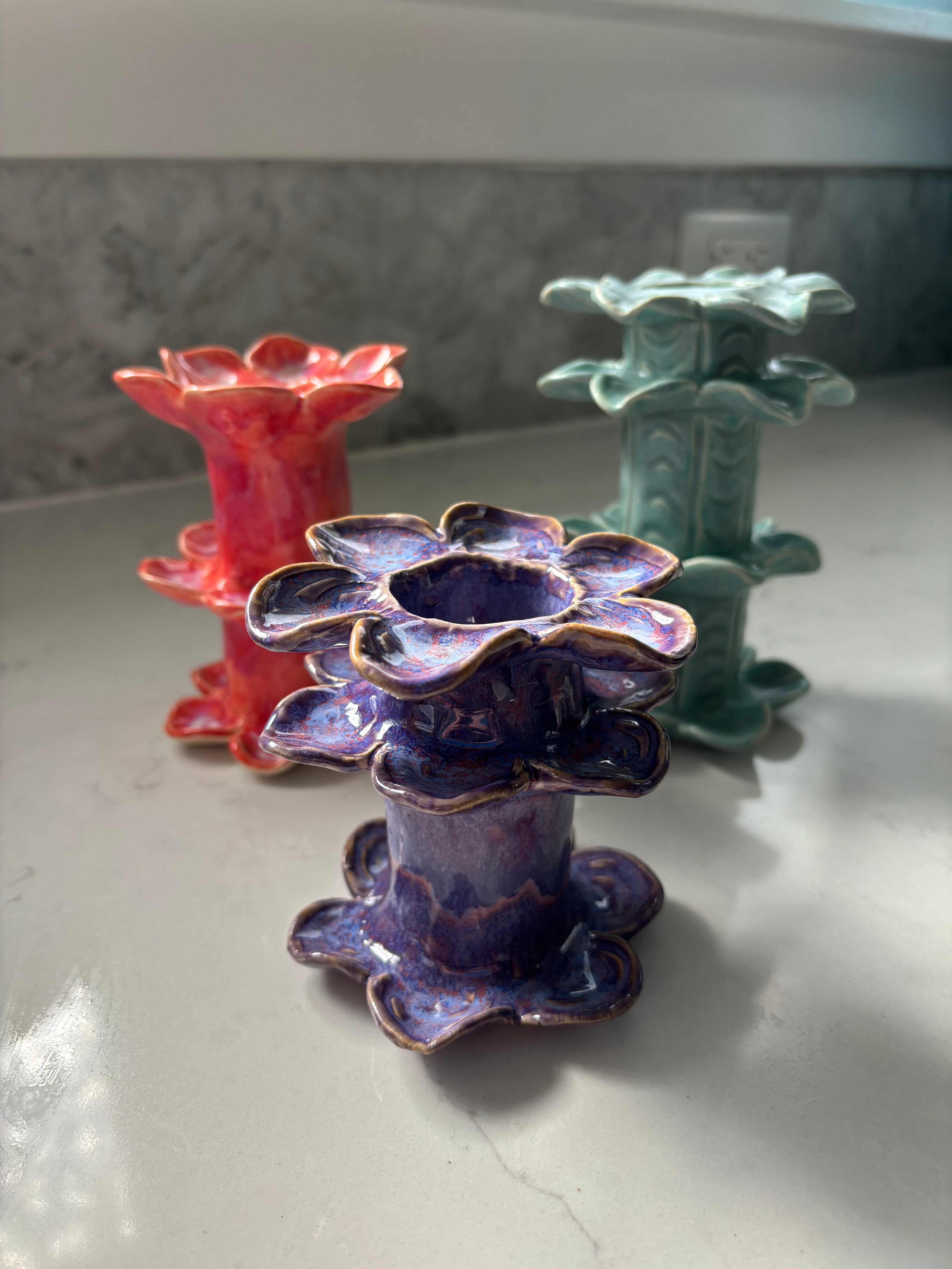 whimsical hand made colorful candle holders