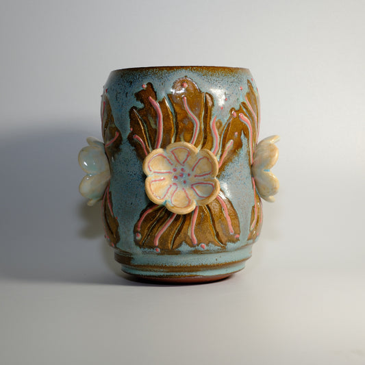 Blue Soft Slipped and Pressed Flowers Vase / Utensil Cup