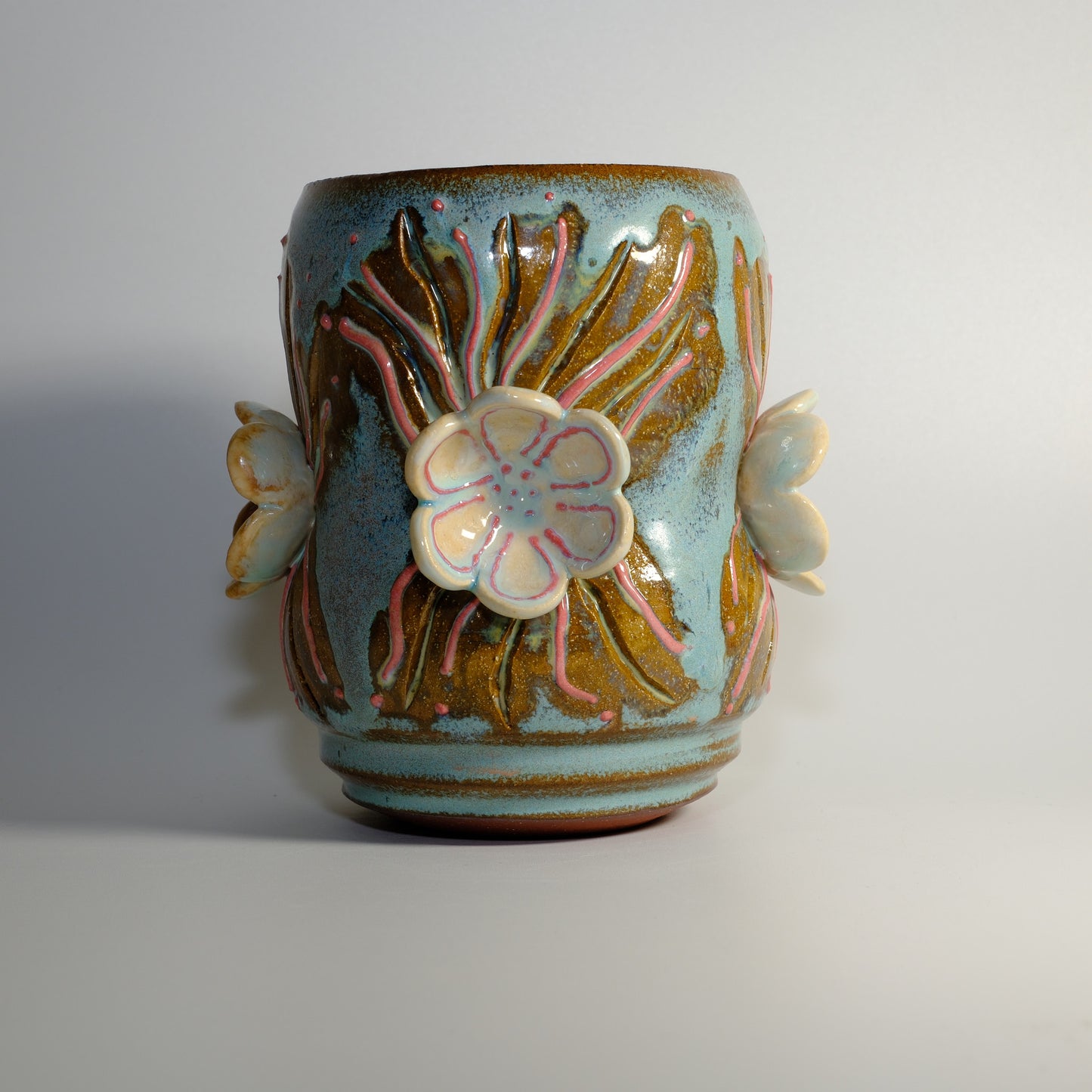 Blue Soft Slipped and Pressed Flowers Vase / Utensil Cup