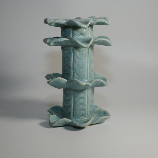 Blue Handbuilt Floral Carved Candlestick