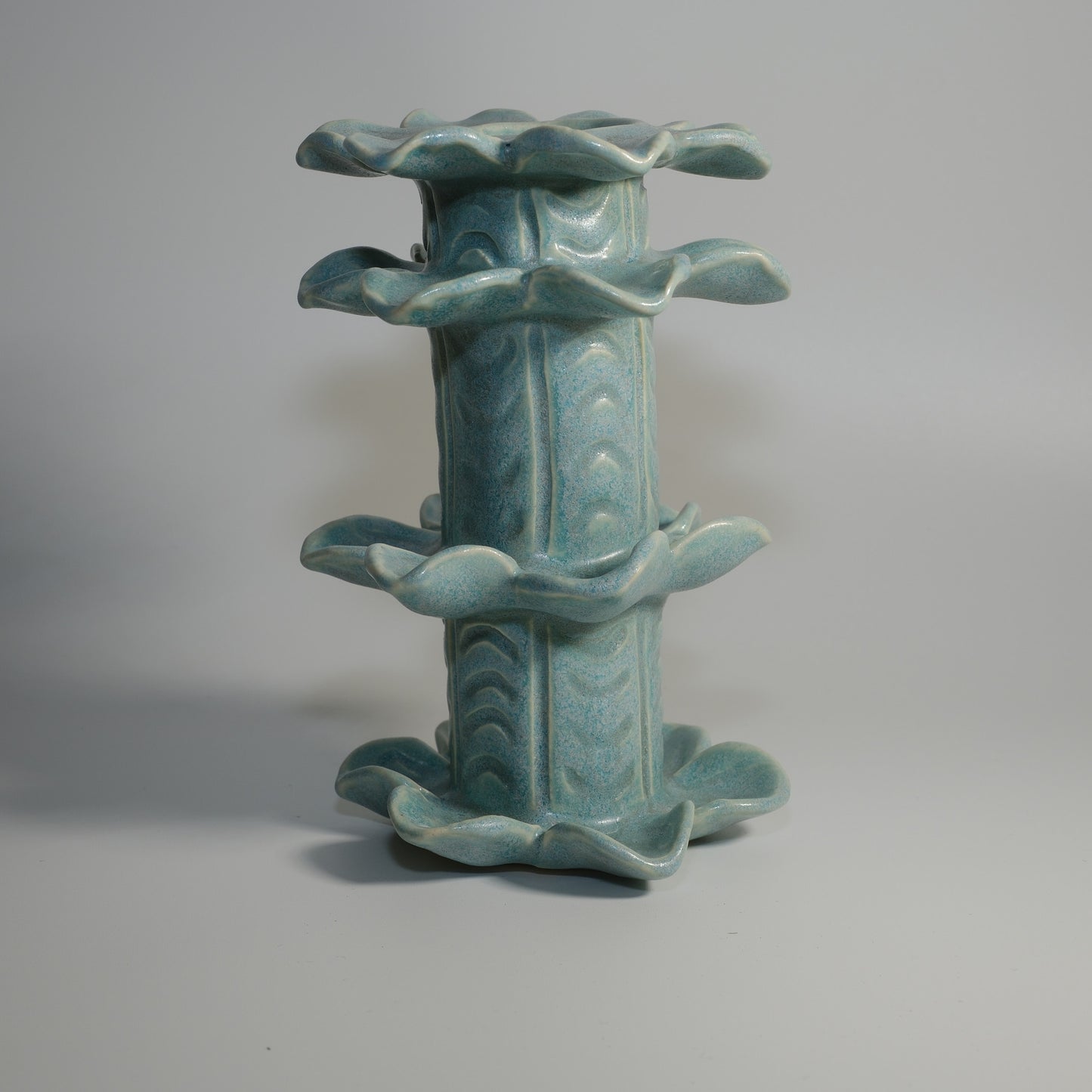 Blue Handbuilt Floral Carved Candlestick