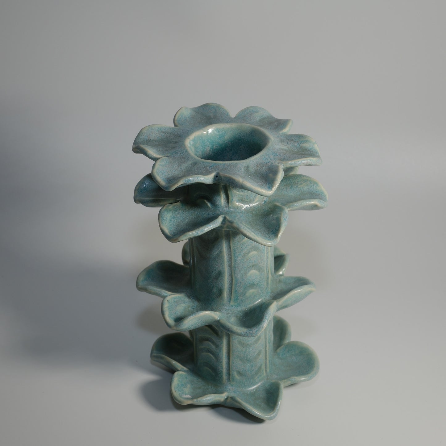 Blue Handbuilt Floral Carved Candlestick