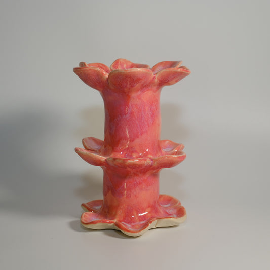 Neon Orange Pink Handbuilt Floral Carved Candlestick