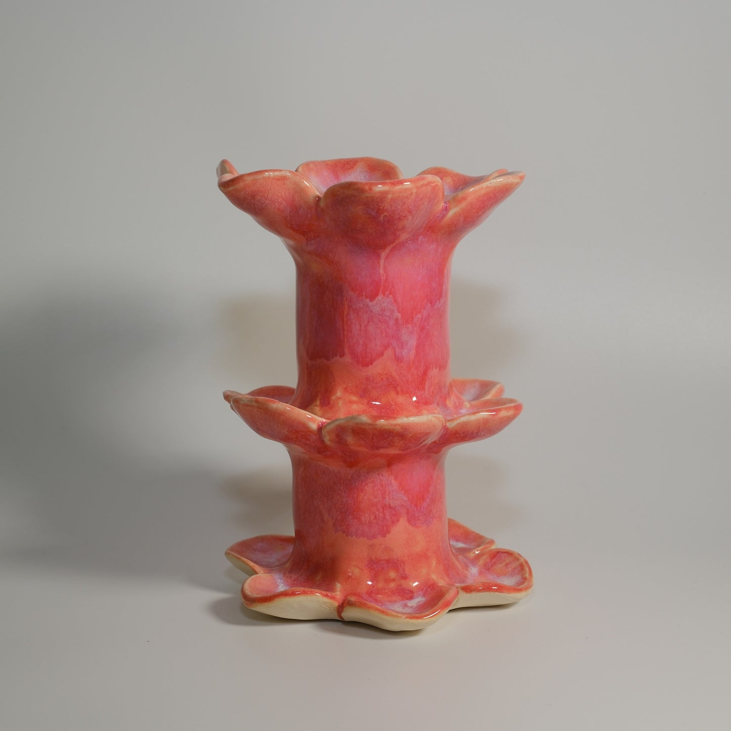 Neon Orange Pink Handbuilt Floral Carved Candlestick