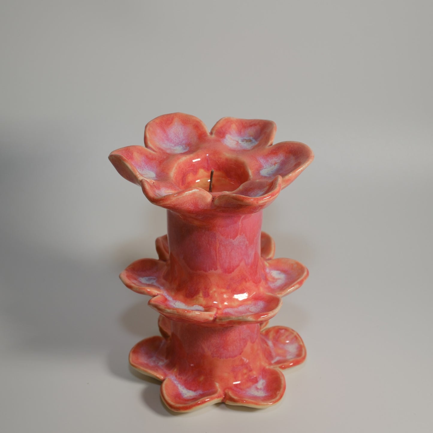 Neon Orange Pink Handbuilt Floral Carved Candlestick