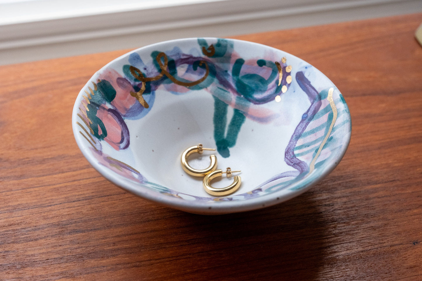 Colorful Watercolor Style Jewelry Bowl with 22k Gold Detail